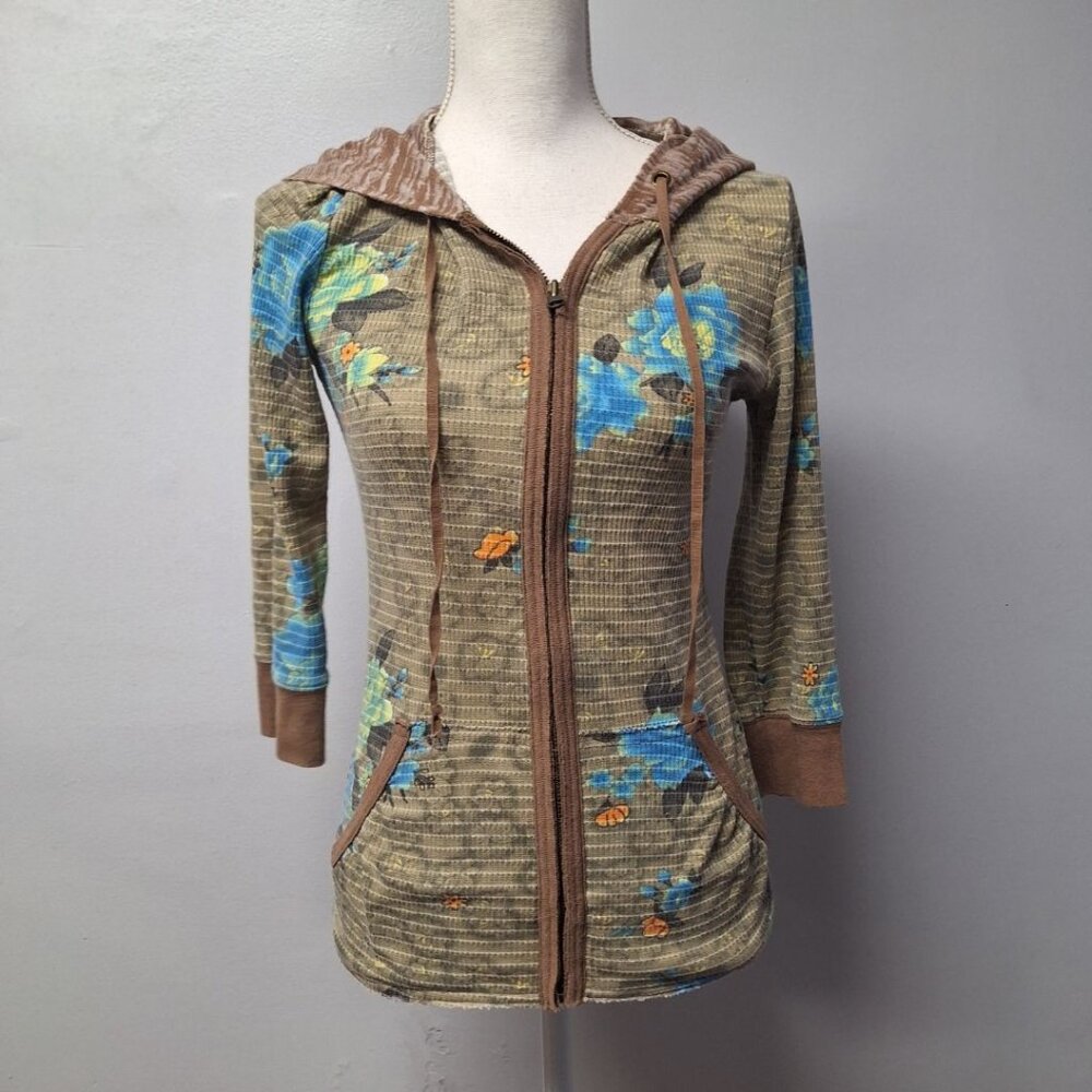 Free People Full Zip Floral Brown Waffle Boho Hippie Cottage Womens M Flower